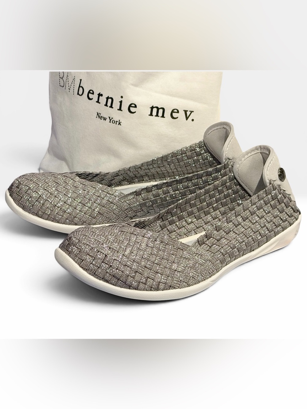 Bernie Mev Catwalk Metallic Silver Woven Ballet Flats Memory Foam EU38 US 7-7.5